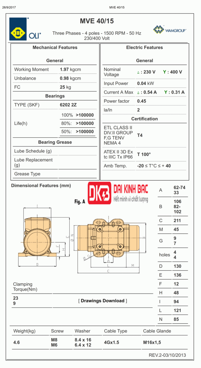 Động cơ rung Oli 4 cực 40W