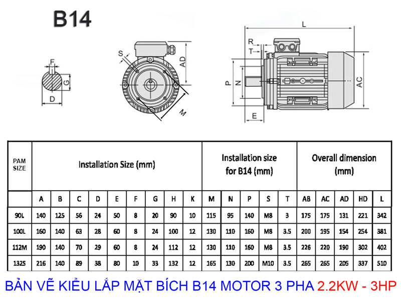 bản vẽ kiểu lắp b14 mô tơ điện 3 pha 2.2kw 3hp