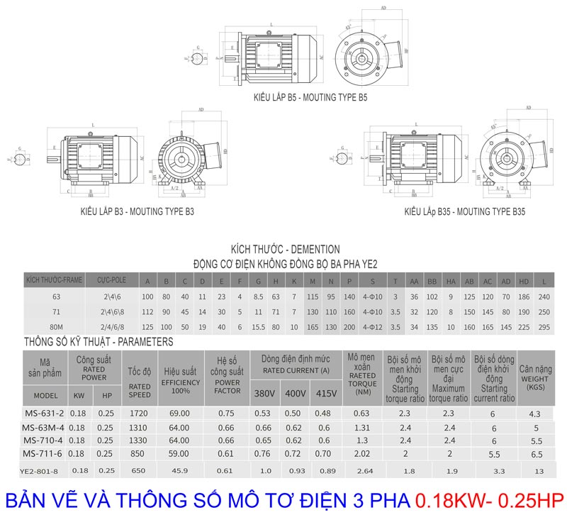 bản vẽ và thông số Mô tơ điện 3 pha 018kw 025hp