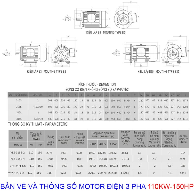 ban ve va thong so mo to dien 3 pha 110kw 150hp
