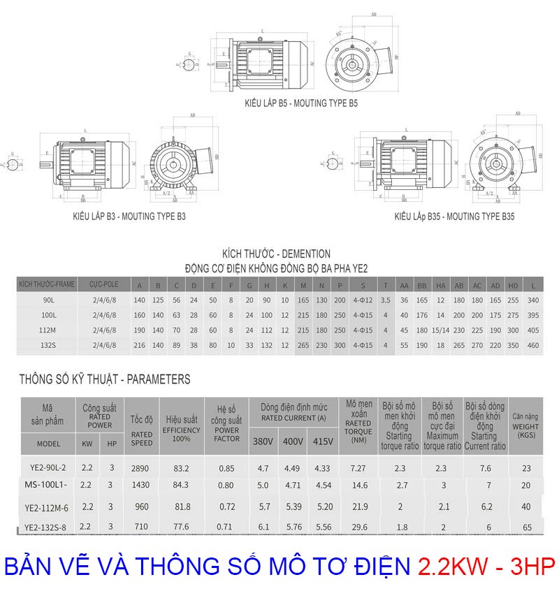 bản vẽ và thông số mô tơ điện 3 pha 2.2kw 3hp