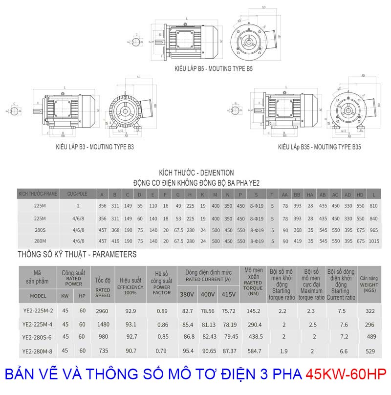 bản vẽ và thông số mô tơ điện 3 pha 45kw 60hp